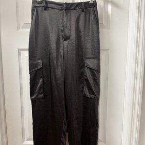 Good American Black Washed Satin Cargo Trousers Y2K Minimalist size 0/25